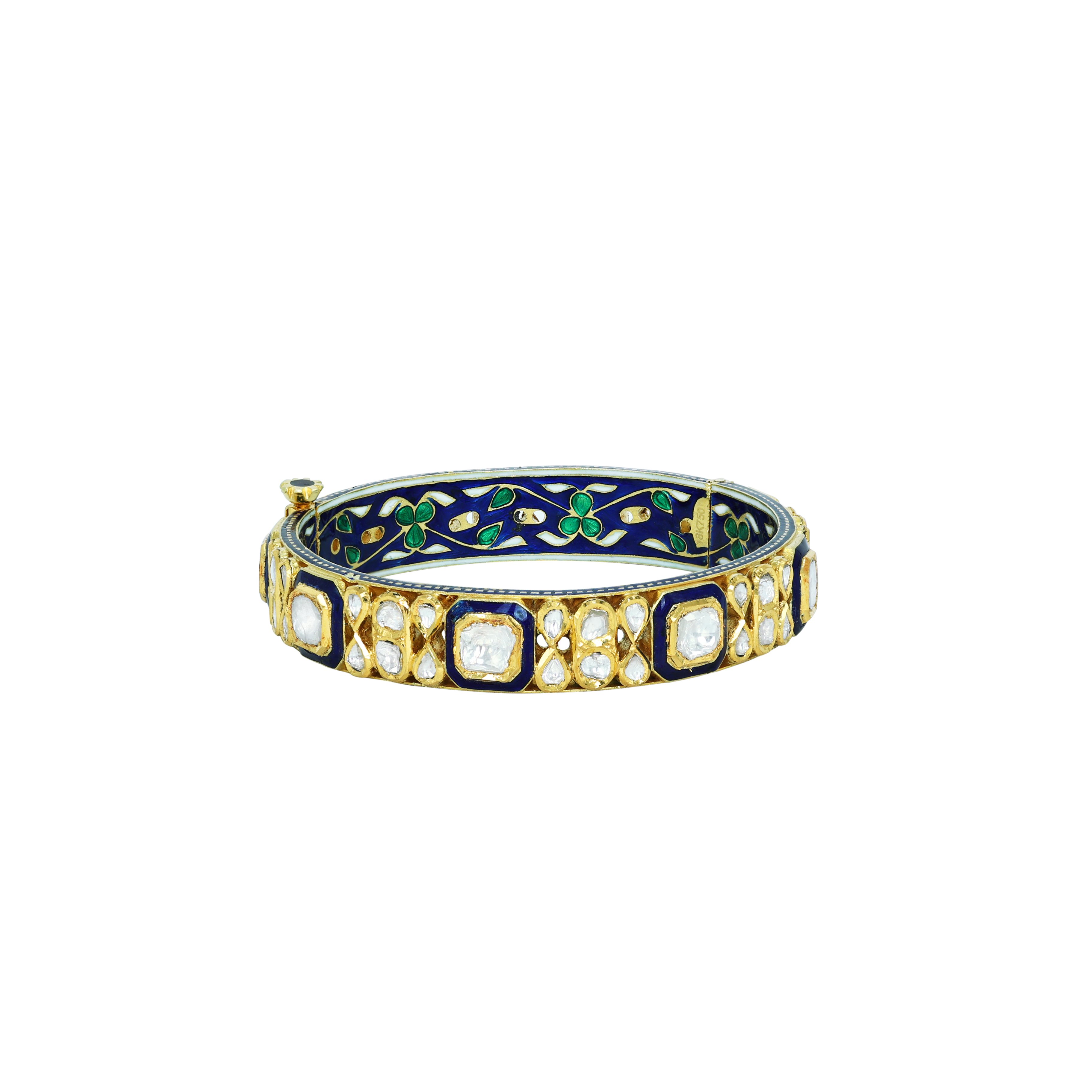 Deep Blue Enamel Bangle with Polki Clusters and Borders
